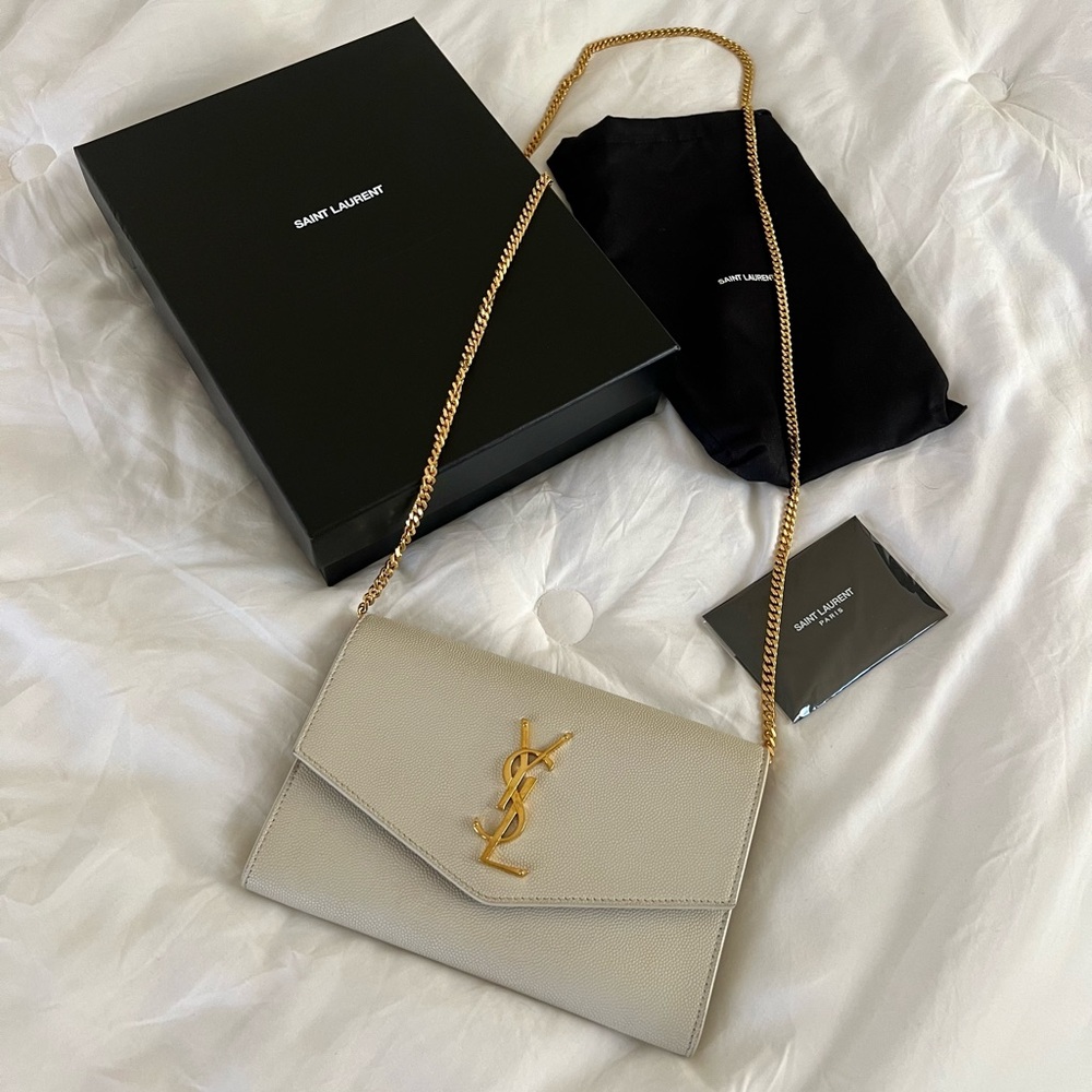 YSL Uptown Wallet on Chain (grain leather & gold hardware)
